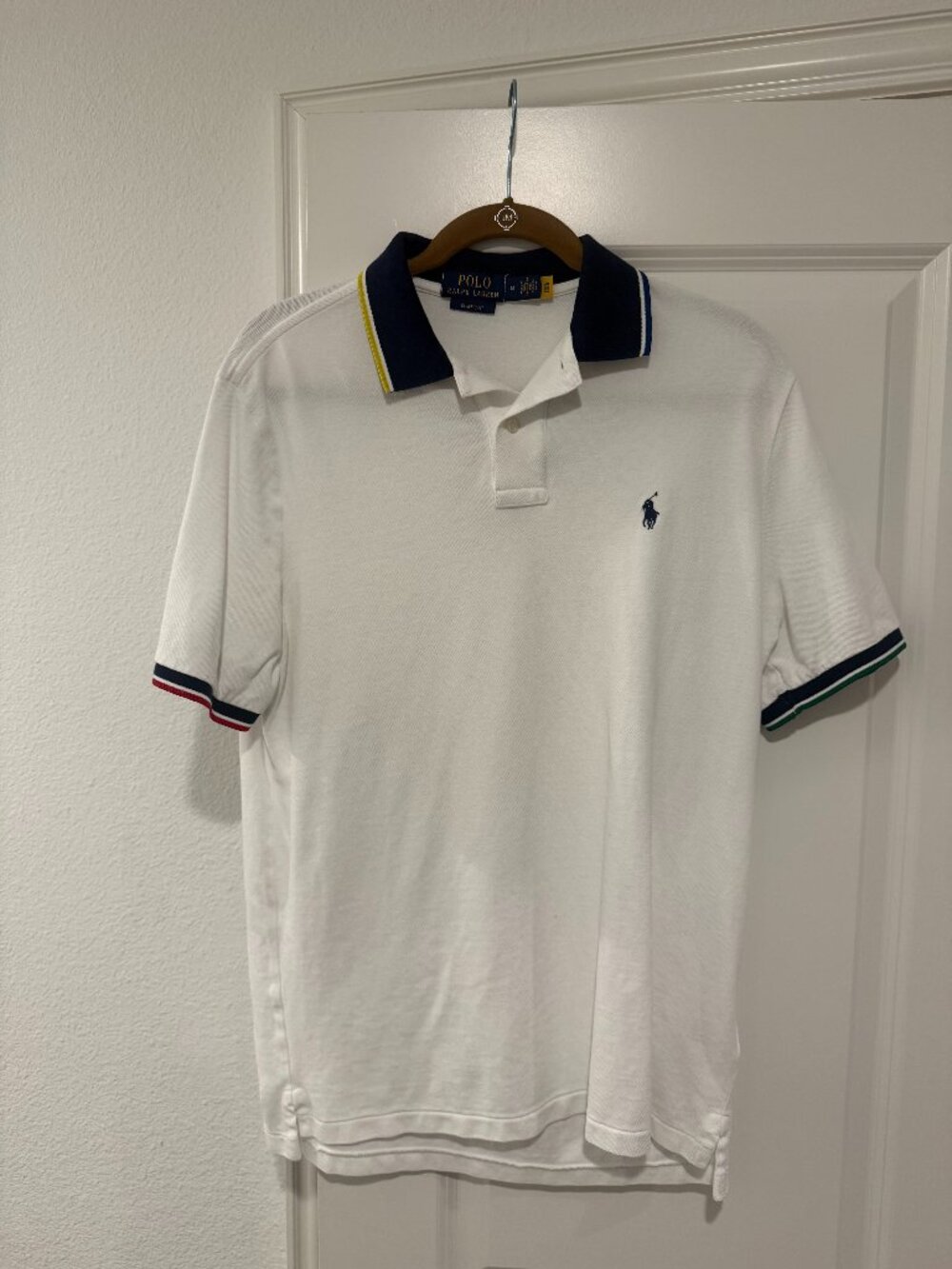 Polo Ralph Lauren white multicolor trim Classic Fit polo M
